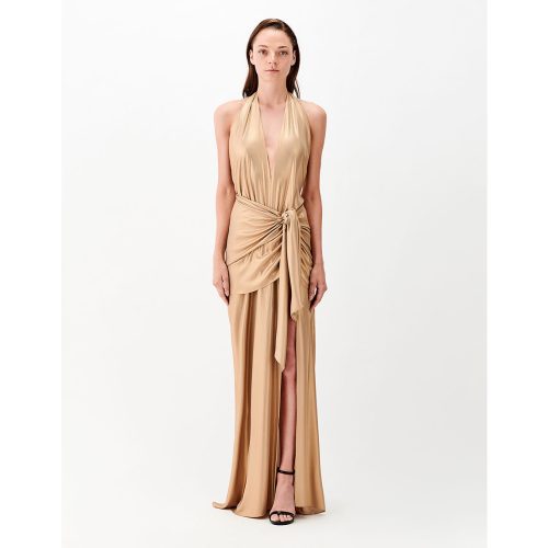 Metallic dress with a drape bow in the waist that creates an extra layer look. It has a deep neckline, an open back and the skirt is straight with front open. Ideal for exceptional occasions all year long.