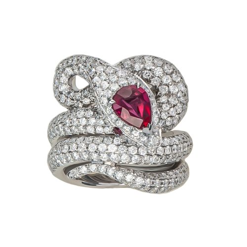 White Diamonds and Rubies Snake Ring - Stefere