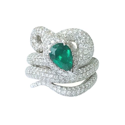 White Diamonds and Green Rubies Snake Ring - Stefere