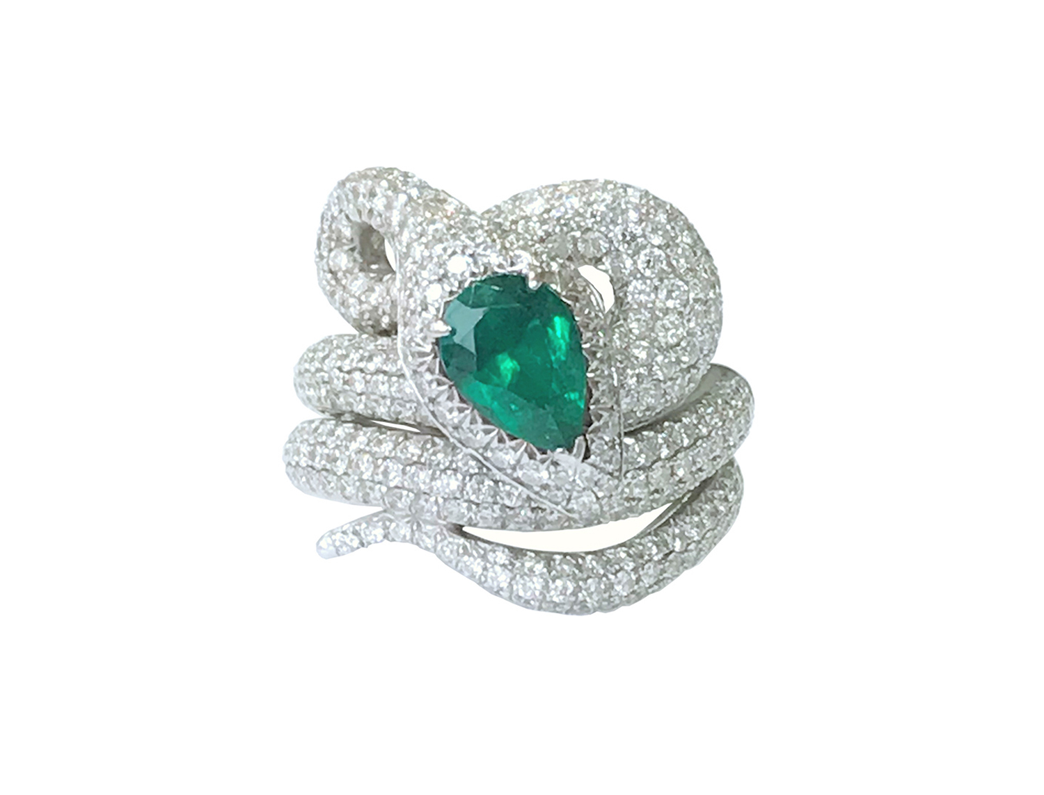 Δαχτυλίδι φιδιού με λευκά διαμάντια και πράσινα ρουμπίνια - Stefere