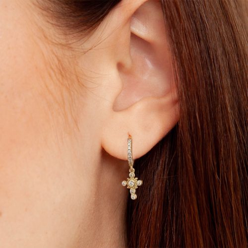 Sparkling Hoop Cross Earrings Gold Plated 1cm - ADEMA