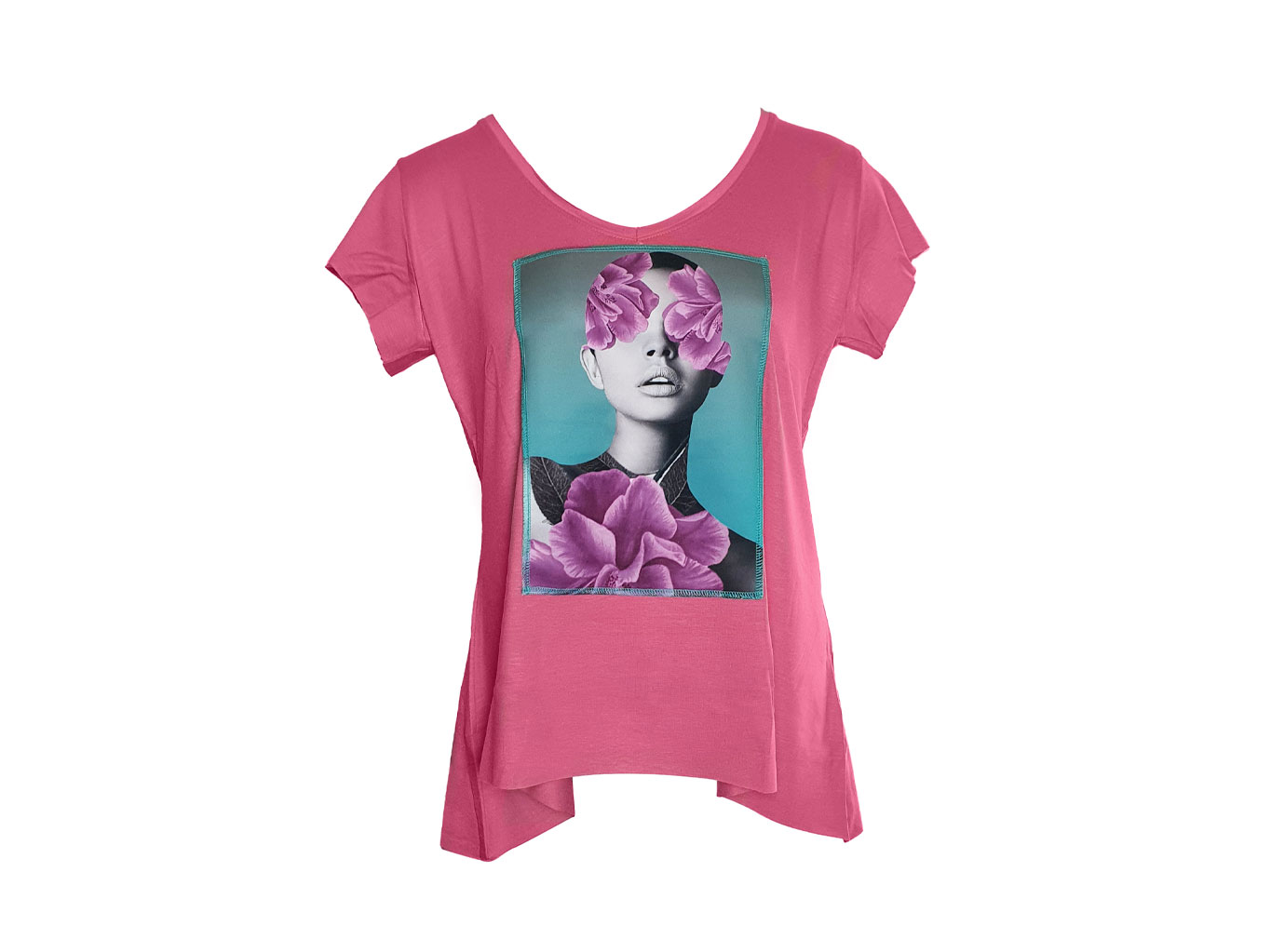 Flowers Pink V-Neck T-Shirt - Ripped Cotton