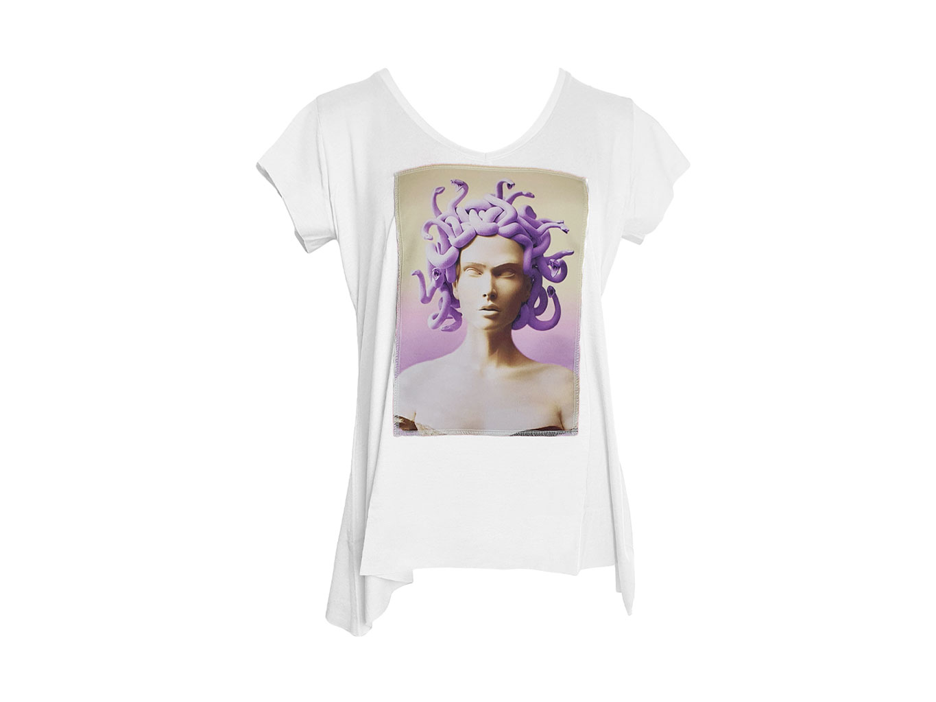Medusa White V-Neck T-Shirt - Ripped Cotton