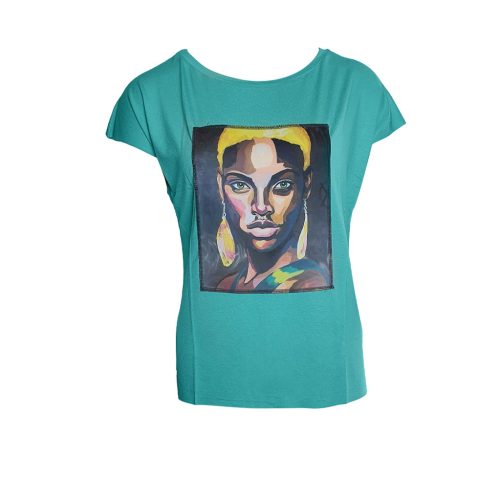 Lady Stamp Turquoise T-Shirt - Ripped Cotton