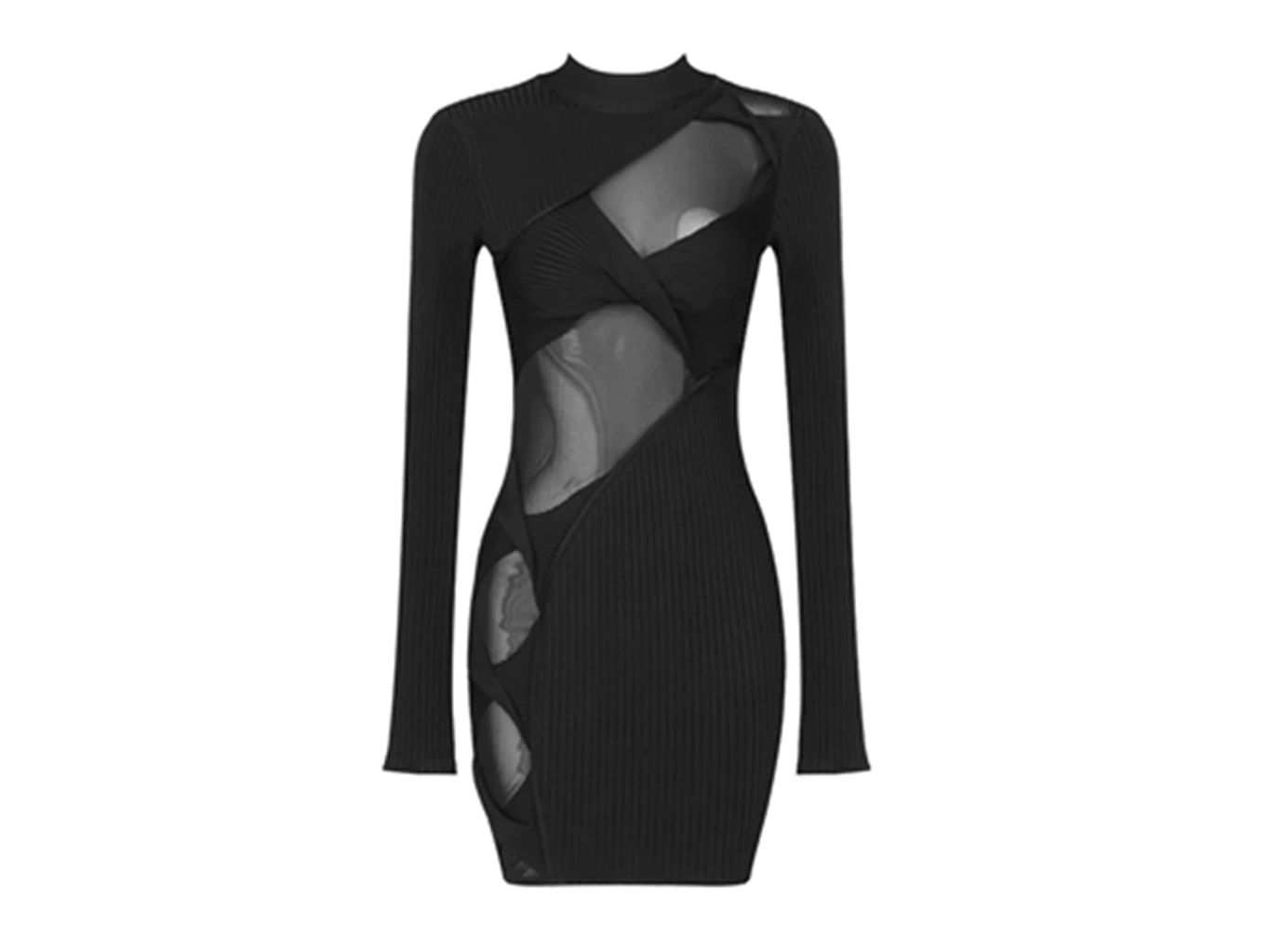Long Sleeve Sexy Black Mesh Hollow Out Bodycon Mini Dress Rayon Bandage Evening Party Dress (2)